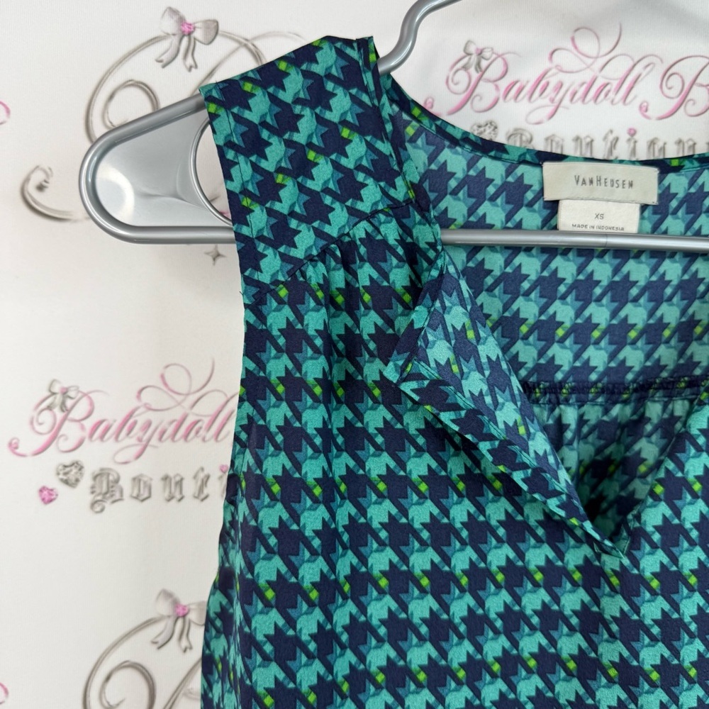 Van Heusen tank top blue green Teal Houndstooth Sleeveless Blouse flowy - Picture 5 of 10